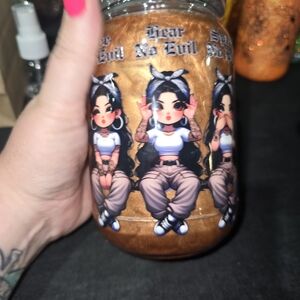 Brown Glitter Tumbler with Cartoon Design